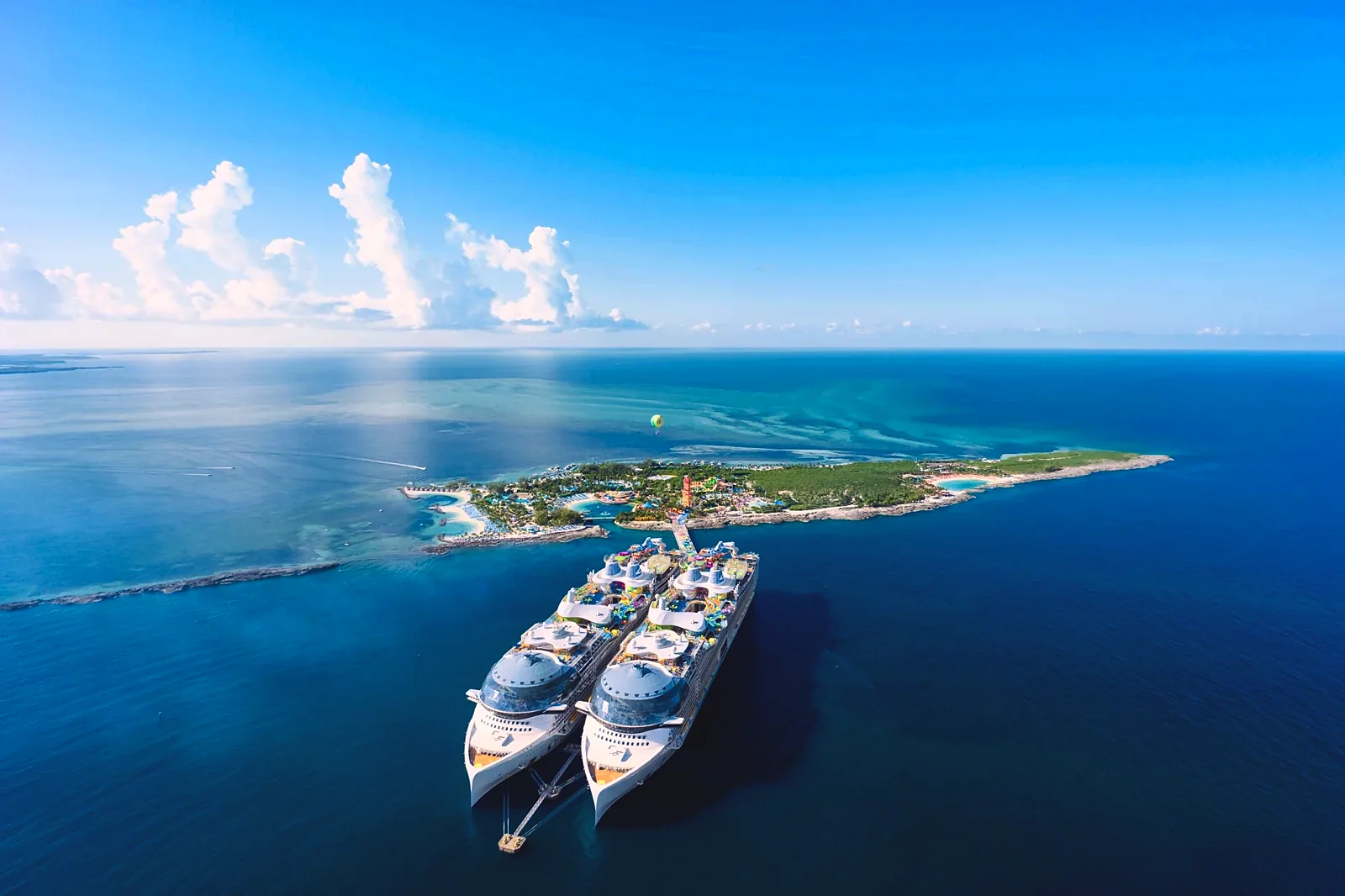 Perfect Day at CocoCay from the air with cruise ships alongside