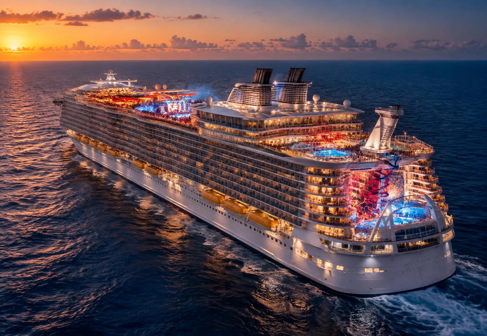 An Oasis-class cruise ship glowing with event energy at sunset