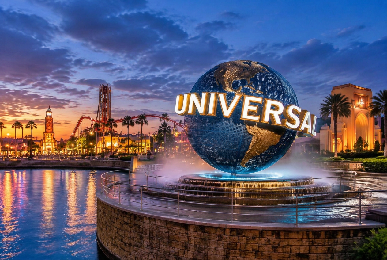 The Universal globe and theme park skyline illuminated at sunset