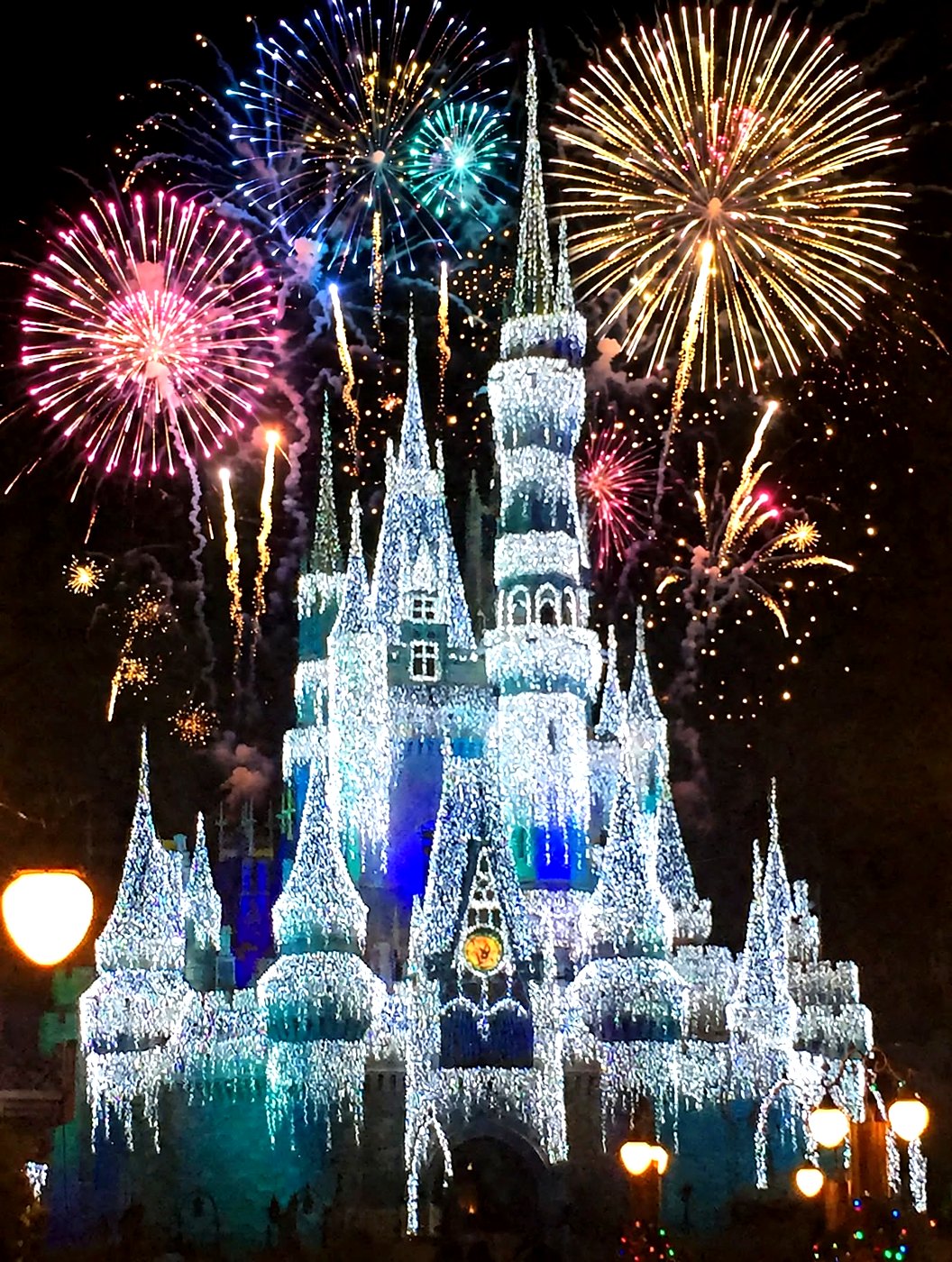 Castle lit up with holiday lights and fireworks, photographed by Jennifer