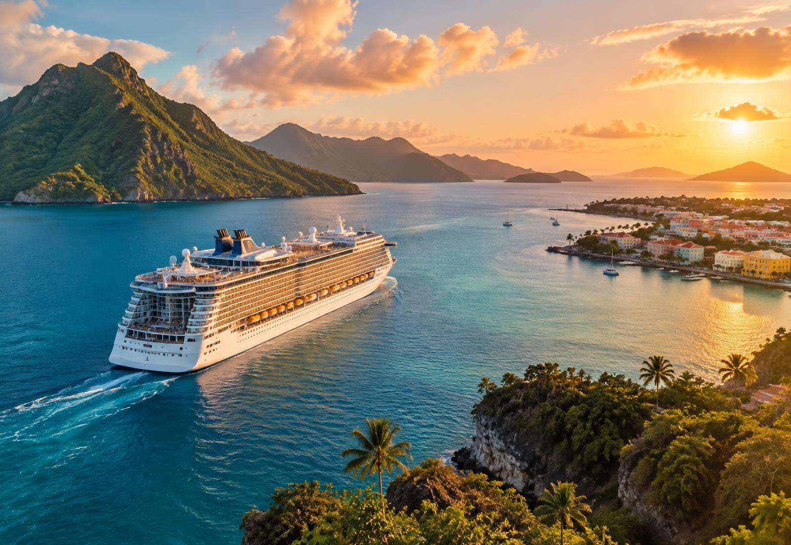 A luxury cruise ship sailing through a beautiful Southern Caribbean bay at sunset
