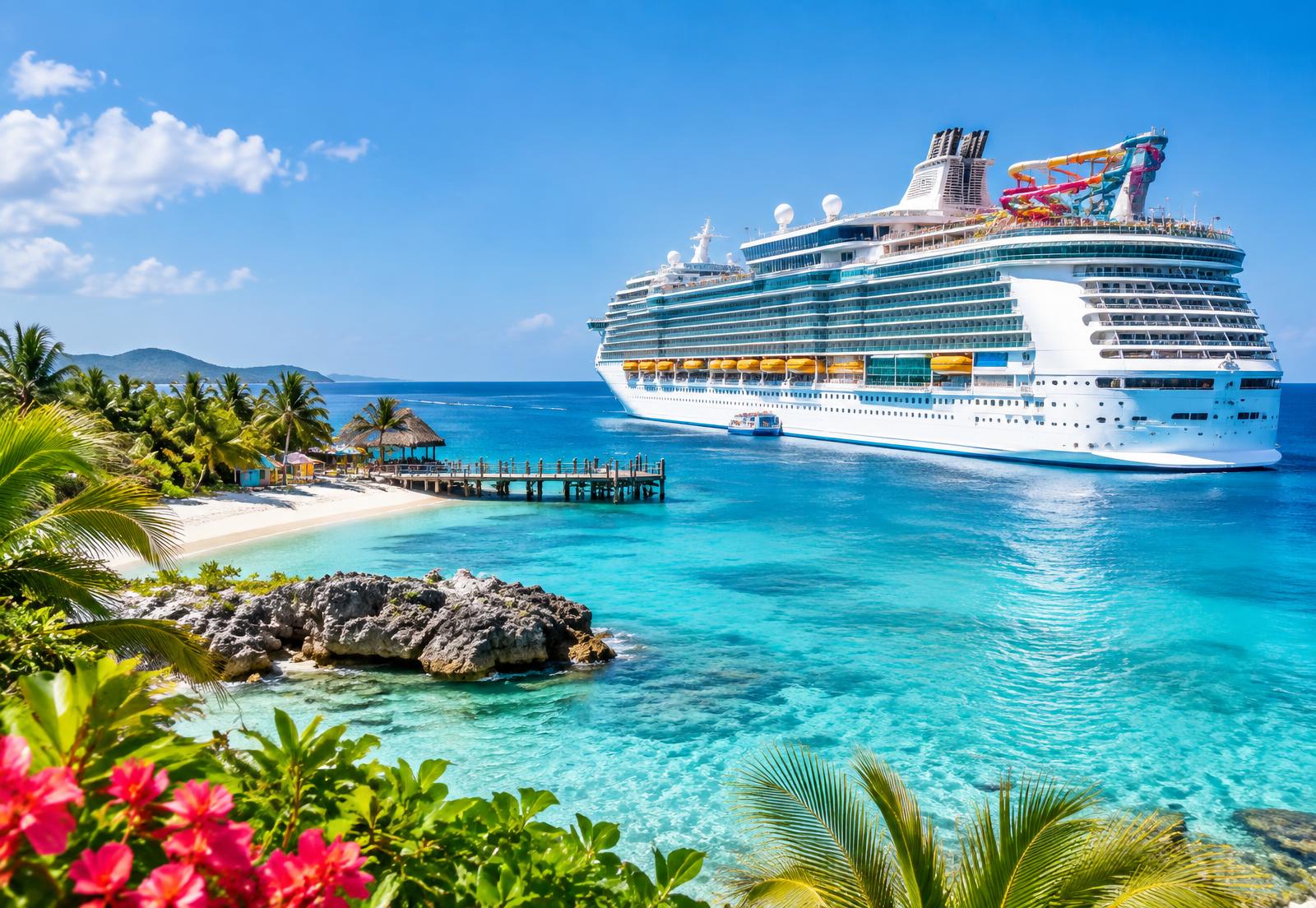 A modern cruise ship sailing beside a bright tropical Caribbean island